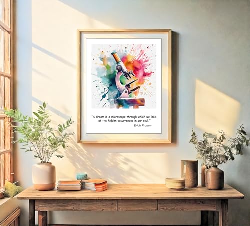 Inspirational Watercolor Microscope with Motivational Quote Illustration Art Print for Biology Classroom Display, Microbiology Lab Inspiration, Chemistry Office Home Study Science Dorm Wall Art, Young Scientist Microbiologist Teacher Chemist Doctor Nurse Graduation Gifts - 8x10 Unframed Print
