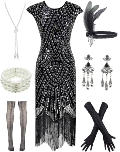 Letter Love Women 1920s Vintage Flapper Fringe Beaded Gatsby Party Dress With 20s Accessories Set (M, Style 2-Black Sliver)