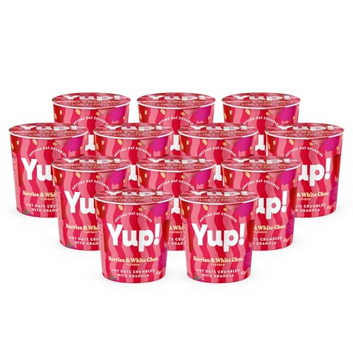 Yup! Berries & White Chocolate Instant Porridge Pots With Granola. Instant Pot Multipack 12 x 65g Pots On The Go. Healthy Snacks Great Source Of Protein & Fibre. Suitable for Vegetarians