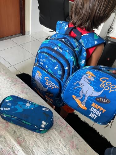 Kit Mochila Bolsa Escolar Dinossauro Infantil Masculina + Lancheira Térmica Menino + Estojo