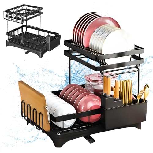 NERIRA®️ Escurreplatos sobre Fregadero | Escurridor de Platos 2 Niveles Desmontable Gran Capacidad | Soporte para Utensilios Extraible y Boquilla de Drenaje Automatico Manteniendo la Encimera Seca
