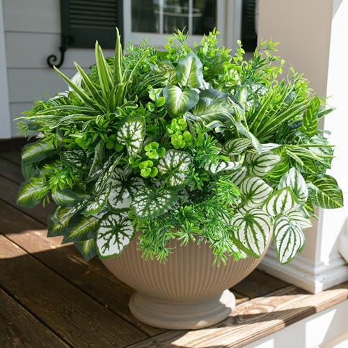 Starttag Artificial 20pcs Bunches Greenery Plants Fake Plastic Leaves with Stems UV Resistant Outside Faux Plants Bushes for Outdoor Patio Garden Front Porch Yard Decor