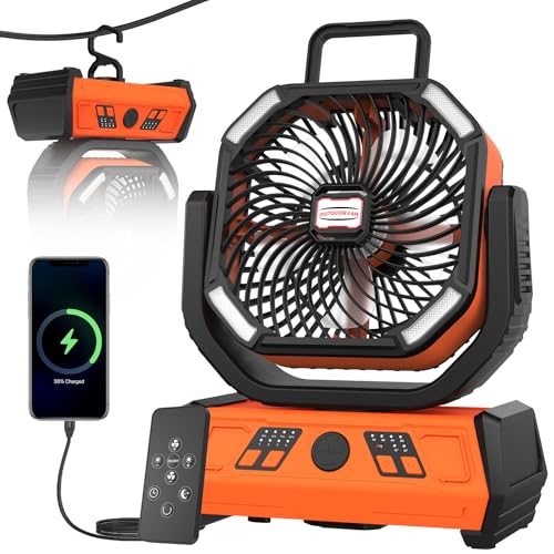 Camping Fan 20000mAh USB Portable fan With Light Can Be Used As a Power Bank With Remote Control And Hook 4-speed Wind 4 timers Suitable For Travel Office barbecues Camping Orange Black