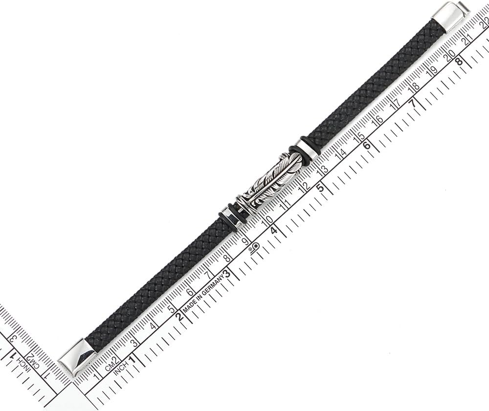 COOLSTEELANDBEYOND Vintage Feather Leaf Leather Bracelet, Steel Black Braided Leather Wristband for Men Women - Image 4