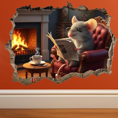 Cozy Mouse Wall Decal, 3D Fireplace Scene Decorative Sticker, Vinyl Home Decor (Cozy Reading Scene)