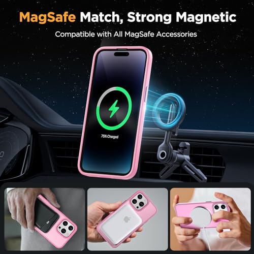 Image of Miracase Magnetic for iPhone 14 Pro Max Case 6.7 inch (Compatible with MagSafe)(with 2X Screen Protectors) Military-Grade Protection, Anti-Fingerprint Translucent Matte Phone Case Cover, Mes Pink