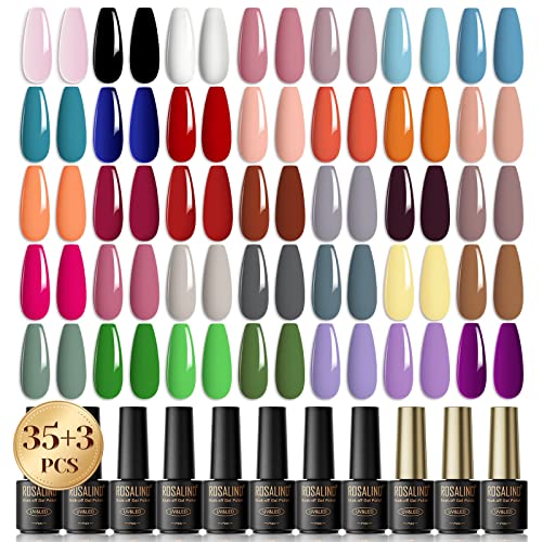ROSALIND Esmalte Semipermanente, 38Pcs Mini Pintauñas Semipermanentes Remojo con Base, Top Coat Brillante y Mate, 35Colores de Set Esmalte de Uñas Semipermanentes con Rosa Negro Blanco