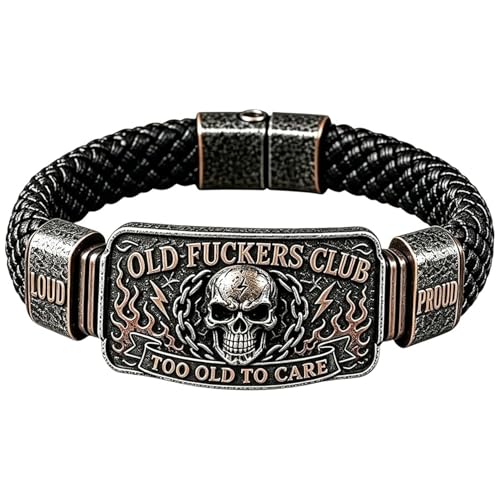 Old Fuckers Club Mens Vintage Skull Flame Biker Braided Bracelet Too Old To Care Vintage Motorcycle Rider Wristband Humorous Novelty Gift for Men Family and Biker Enthusiasts (1PC)