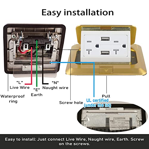 Pop Up Floor Electrical Outlet Box, Power Cover Boxes Kit 20A Duplex Receptacle And 2 Usb Charging Ports, Watertight Gasket, Corrosive Resistant Hardware, For Kitchens, Offices, Brass #TOP4