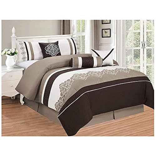 All American Collection New 7 Piece Embroidered Over-Sized Comforter Set (King, Brown/Beige)