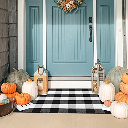 Kimode Buffalo Plaid Outdoor Rug 27.5'' X 43'',Farmhouse Front Porch Rug, Black And White Fall Rug Washable Cotton Layered Doormats Outdoor Check Entrance Mat Carpet For Front Door/Entryway #TOP4