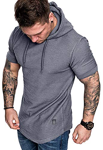 Mens Gym Sweatshirt Athletic Hoodie Short Sleeve Pullover Hooded Workout Sports T-shirt Grey, S