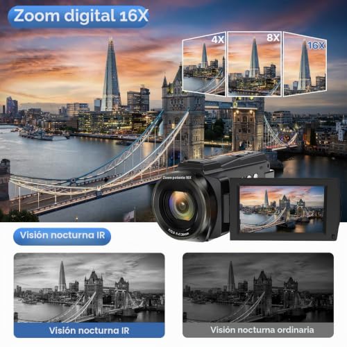 Miniatura 5 de Videocámara 4k Ultra Hd 48mp Camara, Wifi Ir Visión Nocturna Camara Video, Zoom Digital 16x 3.0 Ips Pantalla Táctil Giratoria De 270 Youtube Cámara Con Micrófono, Estabilizador, Control Remotol 4k Plus