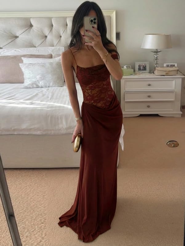 Vestito Donna Elegante Monospalla Spaghetti Strap Abito Lungo in Pizzo Floreale Aderente Vestiti Senza Maniche Sexy Maxi Abiti con Alto Spaccato Laterale Bodycon Abito da Discoteca Festa Sera