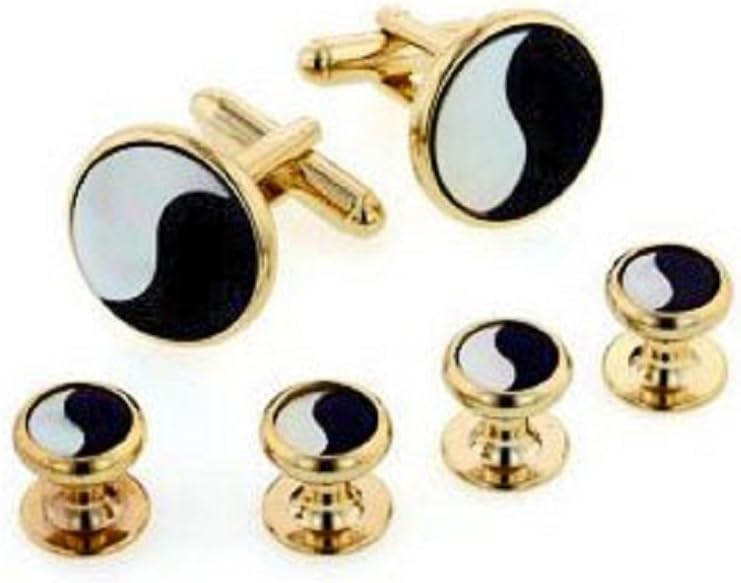 JJ Weston Yin and Yang Mother of Pearl and Onyx Tuxedo Cufflinks and Shirt Studs. Made in the USA.