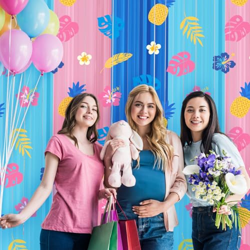 Tiamon 2 Pack Cartoon Hawaiian Party Decorations 3.3 x 6.6 Ft Blue Pink Hawaiian Foil Fringe Curtains Wall Backdrop Tinsel Streamers Photo Booth for Tropical Luau Baby Shower Birthday Party Supplies by Tiamon - Image 7