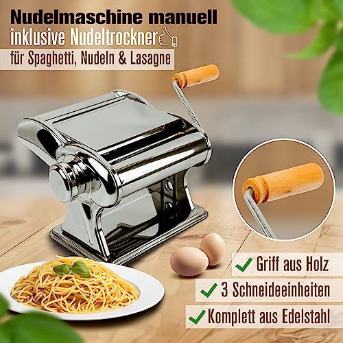 Foto von CRANEVIEW Nudelmaschine Manuell Edelstahl Inkl. Nudeltrockner, Pasta Maker, Nudelpresse, Pasta Maschine mit Vintage Holzgriff und 3 verschiedenen Schneidevarianten