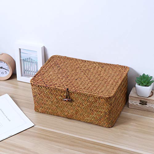Vosarea Rattan Storage Basket Makeup Organizer Multipurpose Container With Lid (L) #TOP1