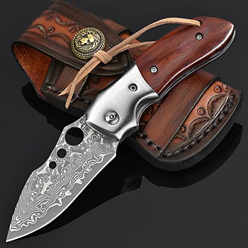 NedFoss Damascus Pocket Knife for men, Handmade Forged VG10 Damascus Steel Blade Pocket Knife with Wooden Handle, Pocket Clip, Liner Lock, Excellent Gifts for Men