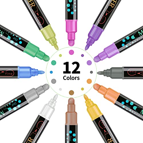 Vamoseehi Glitter Markers, 12 Colors Premium Metallic Paint Pens, Dual Tip Metallic Markers For Kids, Adults, Black Paper Drawing, Rock Painting, Wood, Metal, Album, Diy Scrapbook Crafts #TOP4