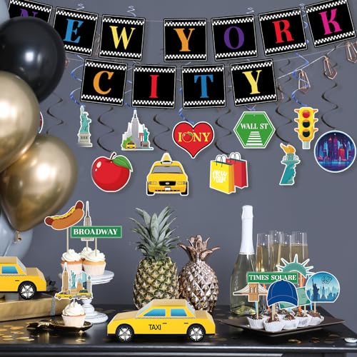Saypacck 31 Pcs Nyc Cityscape Party Decorations New York City Theme Party Decoration American New York City Supplies with Banners Street Signs Liberty Cutouts Dangling Whirls 3D Taxi Cab Centerpieces by Saypacck - Image 2