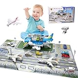 Airplane Toy Car Toy Set Airport Playmat with Helicopter, Truck, Plane, Sign Parking Lot Toy Set with Traffic Signs and Road Accessories Transport Airplane Scene Play Mat for Toddler Age 3+