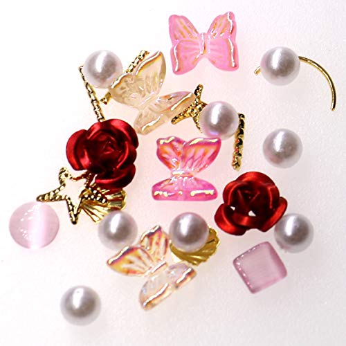 3D Nail Stud Butterfly Rose Nail Charms Aurora Colorful Nail Art Glitter With Rhinestone Artificial Pearl Nail Stickers For Women Girls Diy Craft Jewel Flower (Red) #TOP6