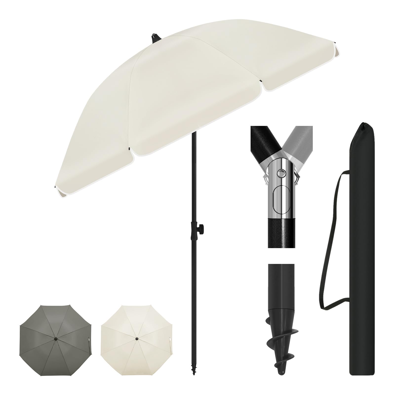 Laneetal Sonnenschirm Strand φ135/155/175 cm, UV-Schutz UPF 50+, höhen- und neigungsverstellbar, tragbar mit Tragetasche, runder Sonnenschirm für Balkon Garten Strand