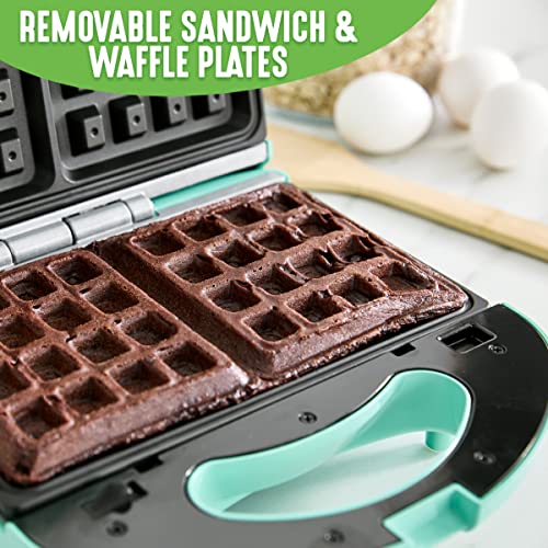 Greenlife Electric Waffle Sandwich Maker, Toaster, Panini Press With Healthy Ceramic Nonstick Plates, Perfect For Tuna Melts, Crispy Rice, Grilled Cheese, Led Indicator Light, Pfas-Free, Turquoise #TOP4