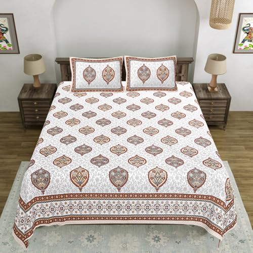 Image of Living Roots Jaipuri Hand Block Print Double Cotton Bedsheet & 2 Pillow Covers, for Mattress Upto 8 inches Thick, No Colour Bleeding, Beige Colour, Super King Size 96 * 104 inches, 150TC (578-B)