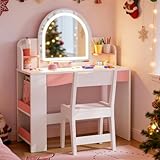 Teckid Kids Vanity Table and Chair Set with Lights, Toddler Vanity Desk for Girls, Princess Makeup Vanity for...