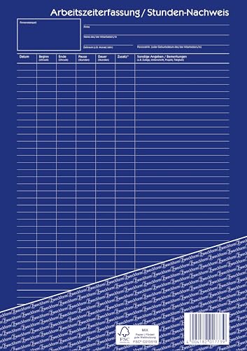 AVERY Zweckform 1773-10 Stunden-Nachweis (A4,selbstdurchschreibend,von Rechtsexperten geprüft,für Deutschland u. Österreich zur lückenlosen Arbeitszeiterfassung,2x40 Blatt) 10er-Pack,weiß/gelb,Blau