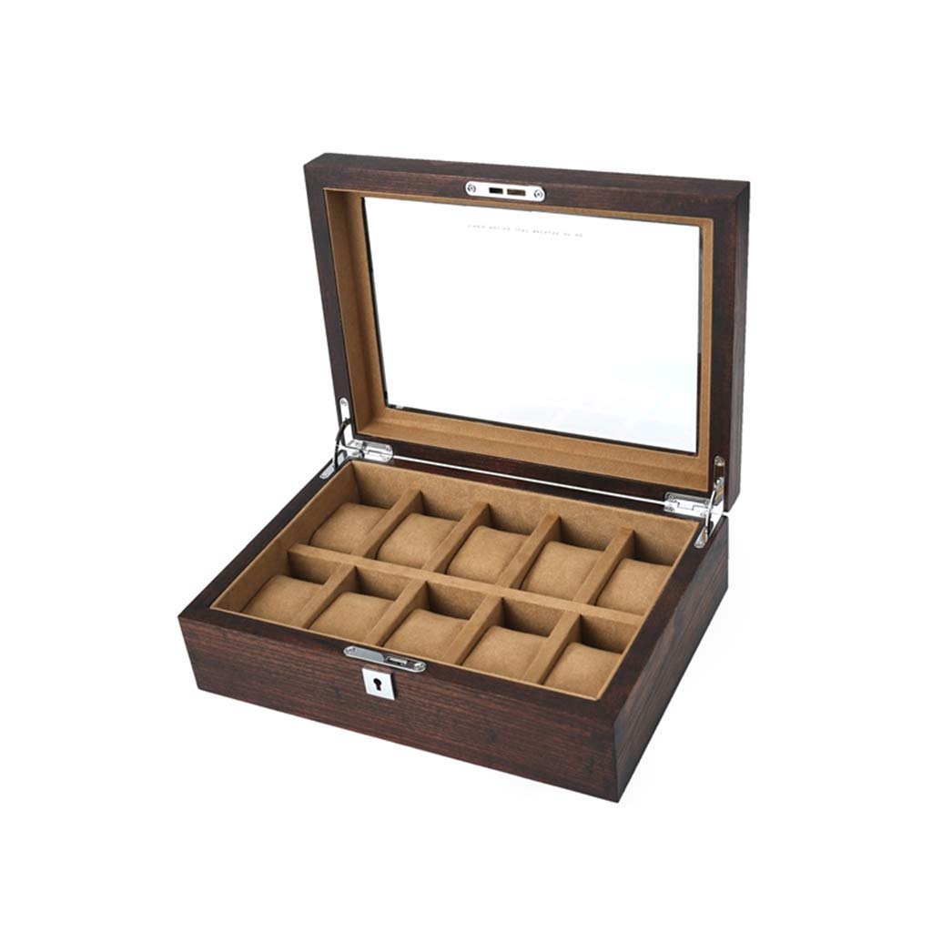 HVMBEUGOS Watch Display Storage Box Pure Wooden Watch Storage Box Old Elm With Lock Glass Sunroof 10 Slots Brown Lining/Beige Lining Suitable For Men/Women Gifts - 30×21.5×10cm