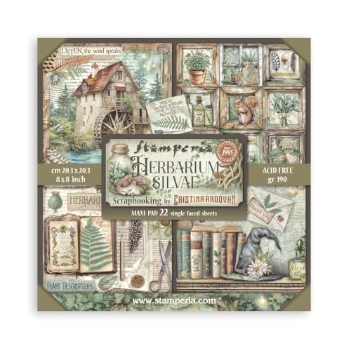 Stamperia - Scrapbook Paper Pad for Scrapbooking, Albums, Cards, Bullet Journals and More, Acid Free, Single Face, Perfect for Hobbies, Crafts, and Gifting (Herbarium Silvae) (20.3 x 20.3cm)