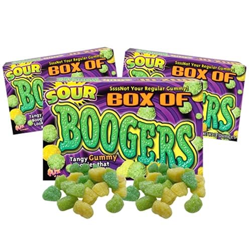 Needzo Sour Box of Booger Gummies, Tangy Gummy Candy Boogers Movie Theater Box Shareable Candy, Gag Gift Prank Halloween Treats, Pack of 3