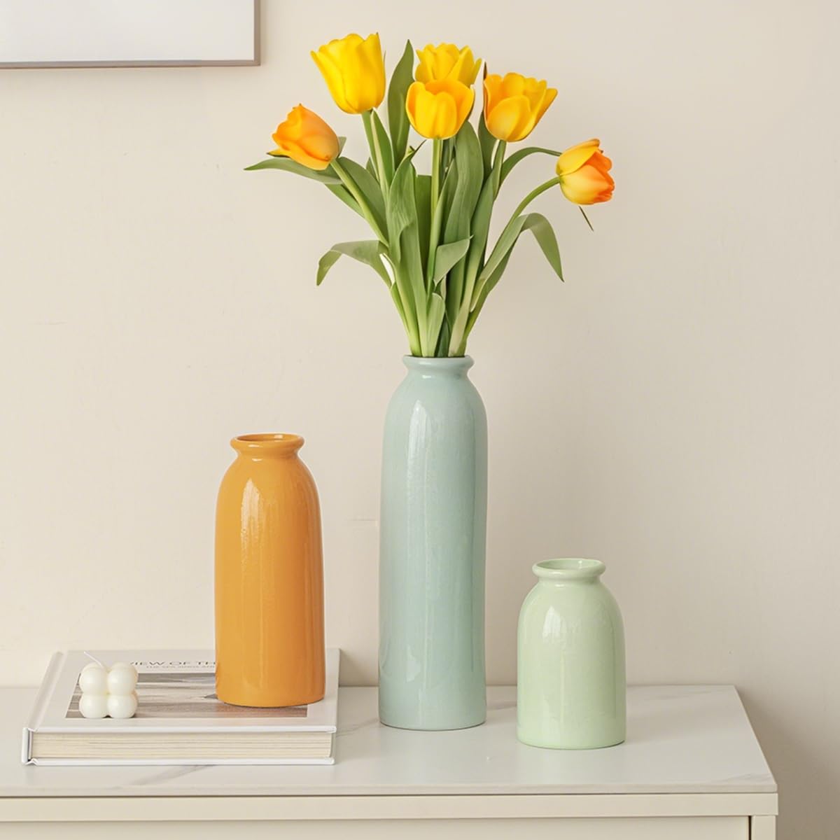 Set di 3 vasi in ceramica per decorazioni, 25 cm, arancione, giallo, bianco (colorful)