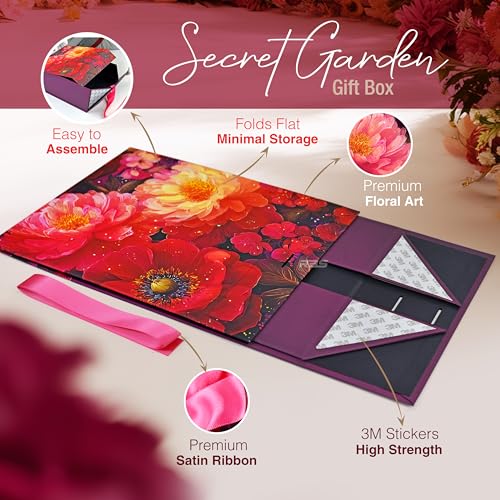 Image of RBS - Medium Foldable Gift Box with Ribbon 26x26x10cm Gift Boxes for Packaging (1 Pack) Multi-Purpose Gift Boxes for Presents Reuse Gift Packing Box Decorative Hamper Box (M-Velvet Secret Garden)