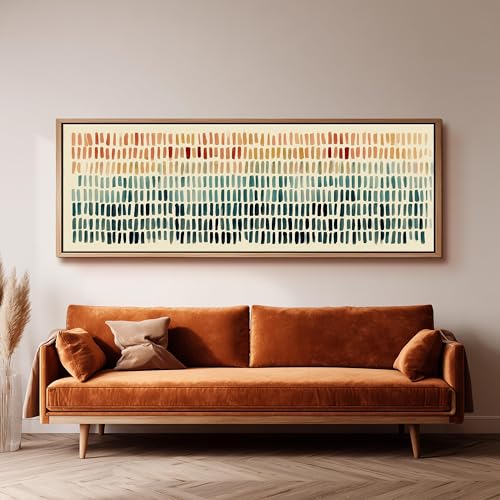 Grand format abstrait bleu et orange tableau horizontal allongé 20 x 60 - 2