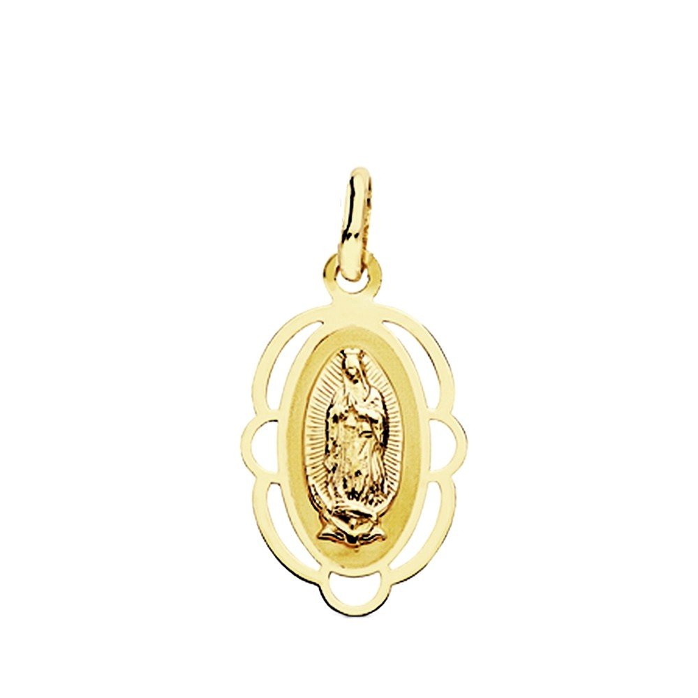 Medalla oro 18k Virgen Guadalupe de México cerco 20mm. oval trasera lisa