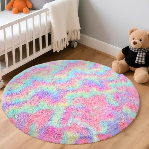 Rainbow Round Rug for Bedroom, 5Ft Fluffy Circle Area Rugs for Living Room, Shag Fuzzy Carpet for Kids Room, Nursery, Dorm, Classroom, Teen, Cute Baby Play Mat Home Decor Aesthetic
