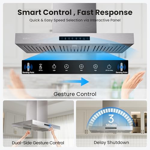Image of VIKIO HOME 36 inch Island Range Hood, Dual-Sided Gesture Sensing and Touch Controls Island Mount Range Hood, Upgraded 36 Inch 1200 CFM Ducted Range Hood with 3 Speed Fan, Stainless Steel