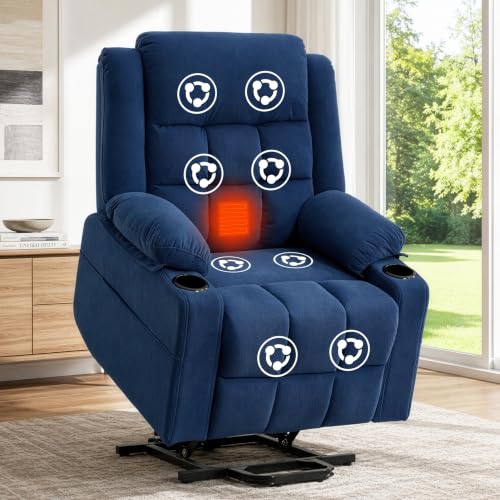 Image of Power Lift Recliner Chair for Elderly Adults with Massage and Heat, Fabric Electric Recliner Sofa with Side Pocket, Two Cup Holders for Living Room L9912 (Navy Blue)