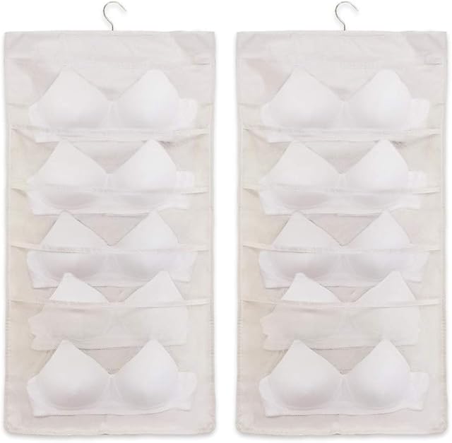 ohihuw Closet Hanging Organizer for Large Size Bras with Enlarged Mesh Pockets Dual Sided Underwear Storage (Beige)