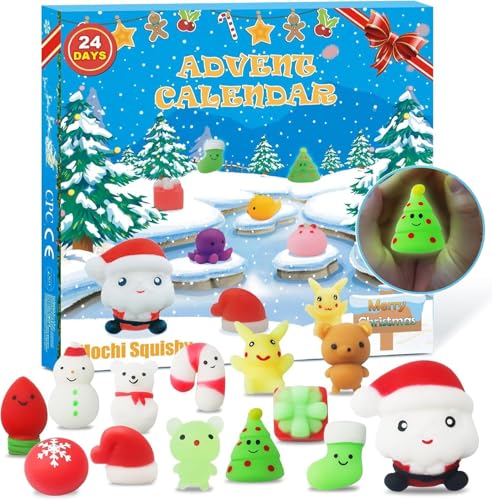 Mochi Squishy Advent Calendar 2025 Kids Kawaii Luminous Mochi 24-Day Holiday Countdown Christmas Ornaments Christmas Surprises Xmas Holiday Party Relief Stress Reusable Gifts for Boys Girls Teenagers