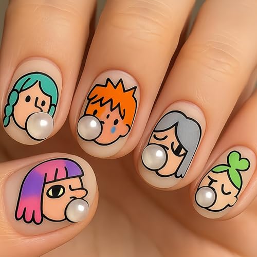 24Pcs Cartoon Press On Nails for Women Girls, Cute Bubble Gum Face Nails with 3D Pearl Design, Fun Cartoon Character Short Square Fake Nails, Reusable Press on Nails with Glue Tabs