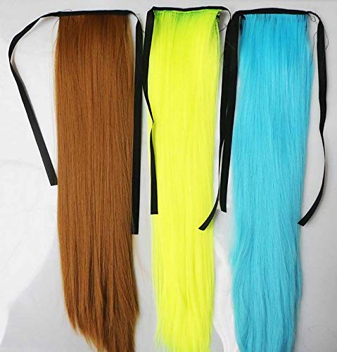 LEEWIN 50cm-60cm single color straight hair fiber bandage ponytail wig 2PCS/LOT high temperature silk hair extension factory wholesale hair accessories (60CM, Light Blue)