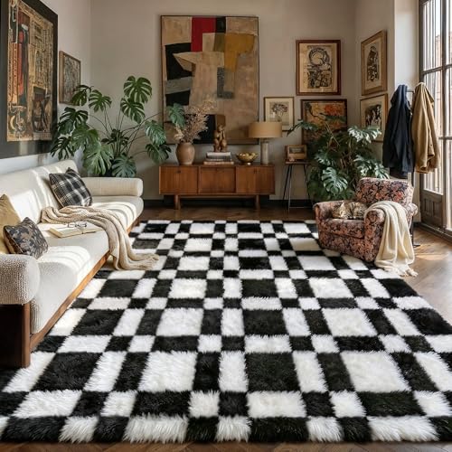 HUGEAR 8x10 Checkered Rug Black and White Living Room Modern Shag Rug Super Soft Washable Indoor Fuzzy Carpet Fluffy Vacuumable Area Rugs for Bedroom Home Decor Non Slip