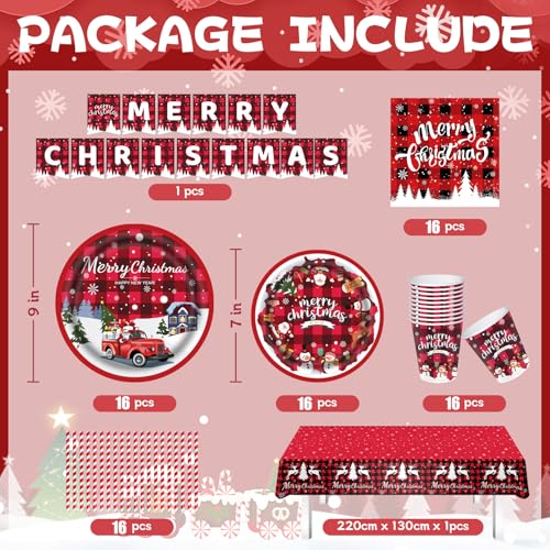 Christmas Party Supplies Tableware Set Christmas Plates and Napkins Tablecloths Ribbons Merry ChristmasBanners, For Dinner Party Decorations - Image 2