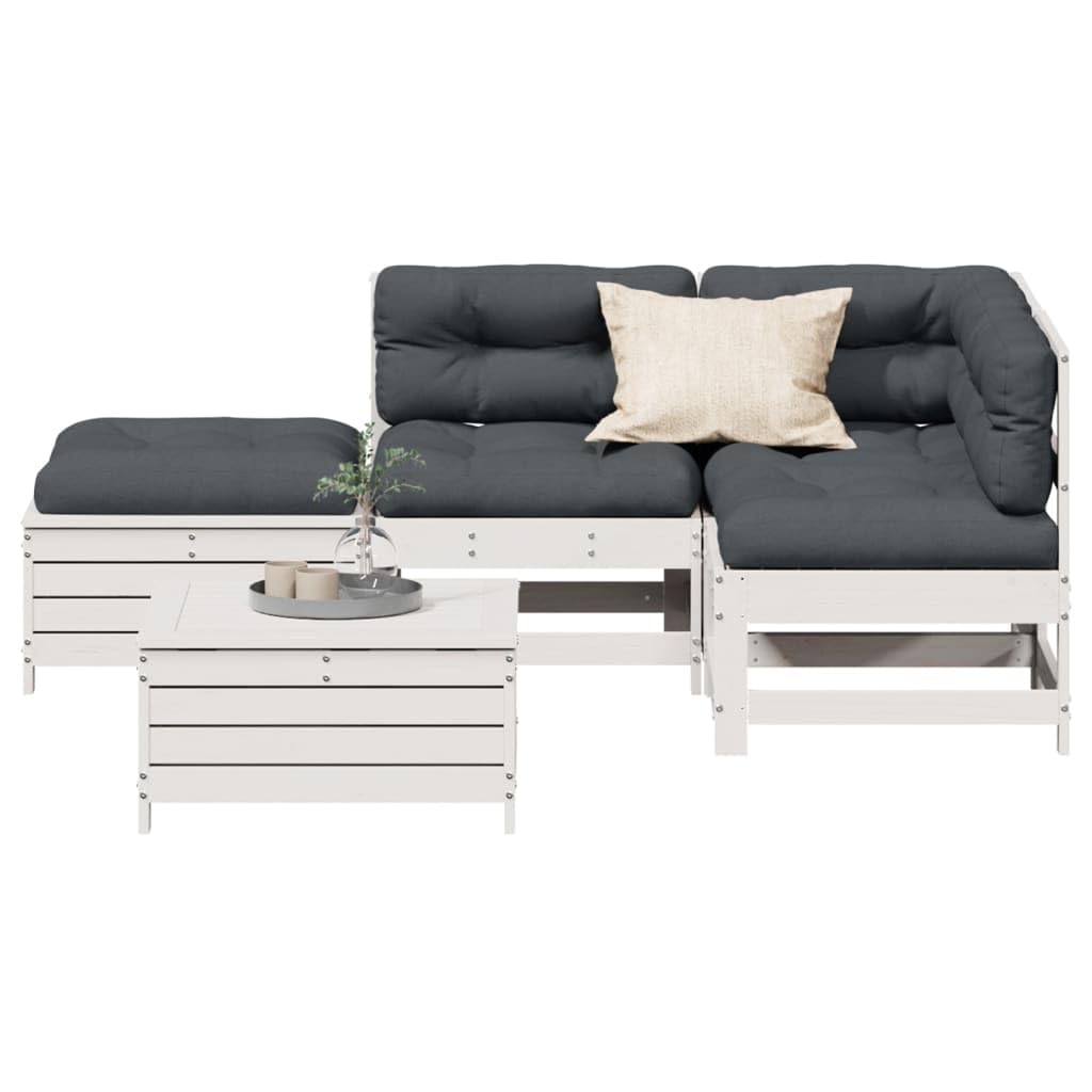 vidaXL Garten Lounge Set 5-TLG., Gartenmöbel mit Kissen Latten-Design, Sitzgruppe für Garten Terrasse, Modular Sofa Garnitur, Weiß Massivholz Kiefer