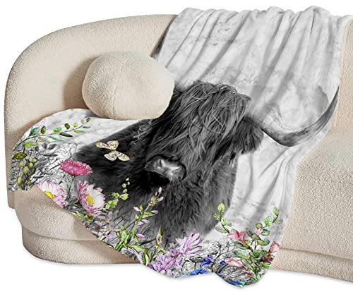 Cow Blanket for Girls Women Gifts for Cows Lovers Highland Cow and Floral Throw Blanket for Kids Adults Ultra Soft Cozy Fleece Blanket for Couch Sofa ​Bed 50"x60"